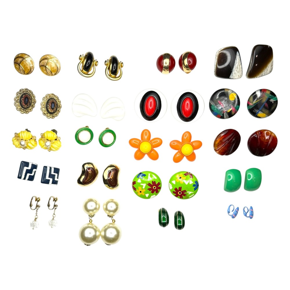 Vintage Clip On Earrings Lot of 20 Pairs Plastic Metal Multicolor Retro Style